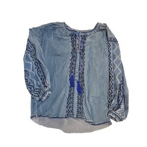 Grace Blue Embroidered Peasant Top Blouse Womens Large Boho Tassels